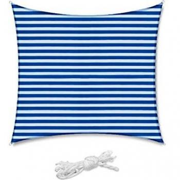 Sekey Toldo Vela de Sombra Cuadrada HDPE Protección Rayos UV Resistente Permeable Transpirable para Patio, Exteriores, Jardín, con Cuerda, Rayas Blanco-Azul 3×3m