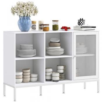 HOMCOM Aparador de Cocina Blanco con Puerta de Malla, 4 Compartimentos Abiertos, Estante Ajustable, Buffet para Salón y Comedor, Dimensiones: 120x37x81.5 cm