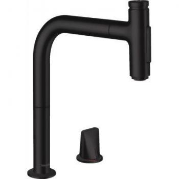 Grifo de cocina Hansgrohe Metris Select M71 200, drezová batéria 2-otvorová, con ducha extraíble, 2 chorros, sBox, acabado negro mate