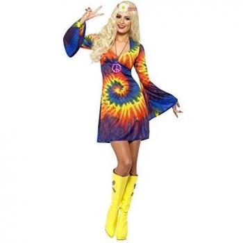Smiffys-20741S Hippies Disfraz Tie Dye de los 60, con Vestido, Color psicodélico, S-EU Tamaño 36-38