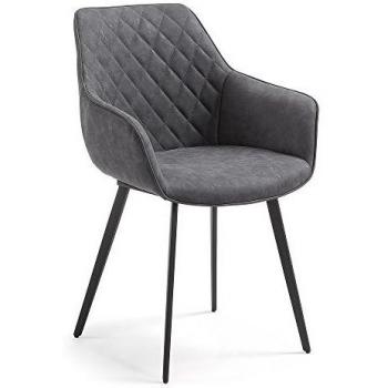 Kave Home - Silla de Comedor Amira Grafito de Piel sintética con reposabrazos y Patas de Acero en Negro