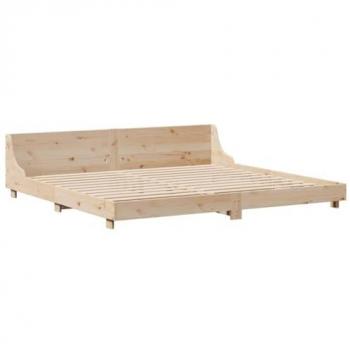 Estructura de cama sin colchón 200x200 cm en madera maciza de pino con cabecero, color marrón