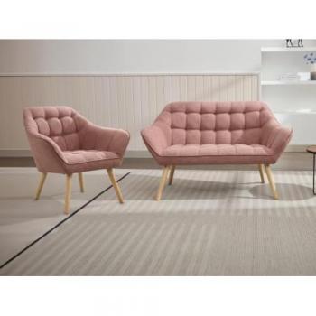 Sofá de 2 plazas y sillón en tela rosa jaspeado Caserta