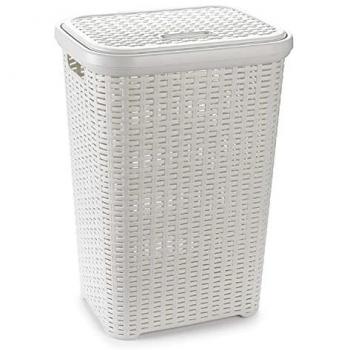 Cesto de Ropa Sucia de Plástico con Tapa y Diseño Mimbre, 60L, 62x44x35 cm, Disponible en Dos Colores