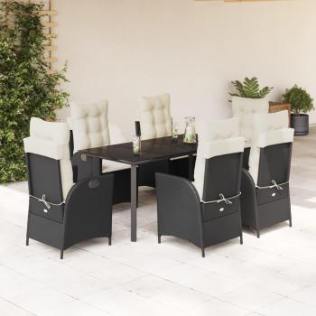 7-Piece Black Poly Rattan Garden Dining Set with Cushions