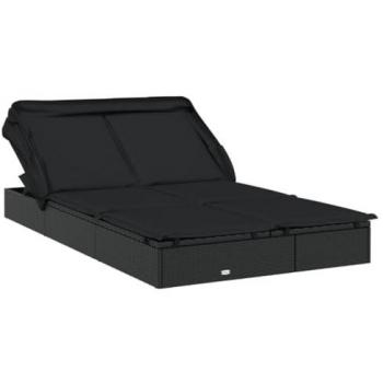 Tumbona 2 personas toldo plegable ratán PE negro 213x118x97 cm