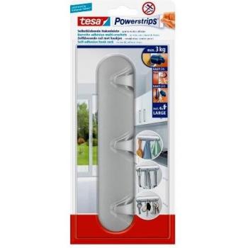 Tesa Powerstrips Hakenleiste Cromada Mate con 3 Ganchos y Capacidad de Carga de hasta 3 kg