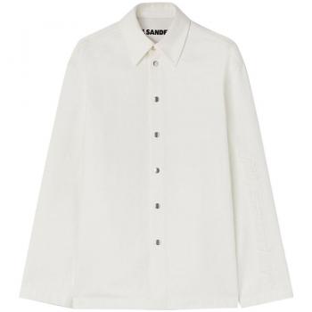 Jil Sander Men's White Organic Cotton Denim Casual Shirt with Embossed Logo, Size XL