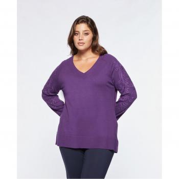 Jersey de mujer con escote de pico y mangas bordadas