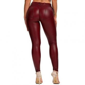 FITTOO PU Leggings Cuero Imitación Pantalón Elásticos Cintura Alta Push Up para Mujer #1 Bolsillo Falso Poca Terciopelo Rojo M