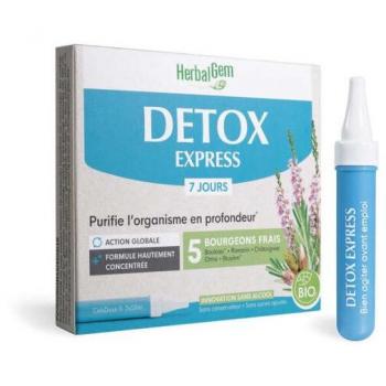 Yemocomplejos Detox Express Monodosis Bio 7x10ml Herbalgem - Suplemento detoxificante en formato monodosis, compuesto por ingredientes naturales, diseñado para un programa de desintoxicación de 7 días, presentado