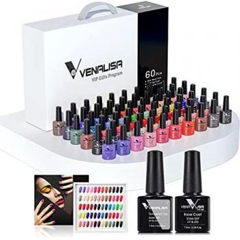 Kit de esmalte de uñas de gel VENALISA de 60 colores con tarjeta de color base y capa superior, UV LED Soak Off Gel Esmalte de uñas Esmalte de uñas Kit de manicura principiante