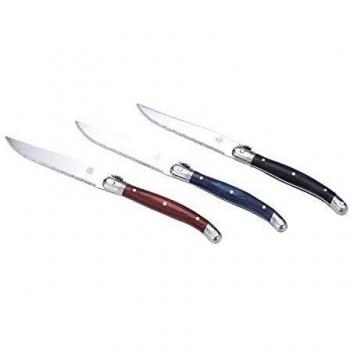 LAGUIOLE - Set de 6 cuchillos para bistec sobre bloque de madera - acero inoxidable, mangos: madera de pakka, bloque cilíndrico: madera de caucho - negro, marrón, azul marino