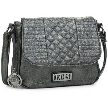 Lois - 94885 Bolso de Mujer Bandolera con Solapa. Cierre Cremallera y Solapa con Cierre botón. Bolsillo Trasero. Llavero. Acolchado. Piel sintética - Polipiel, Color Gris Metalizado