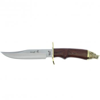 Cuchillo de caza Muela Wolf WOLF-16R con puño de madera prensada coral, defensa de latón y pomo cabeza de lobo - Tamaño total 29 cm + regalo sorpresa