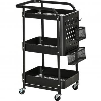 Carrito de Cocina con Ruedas de 3 Niveles, 4 Ganchos, Asa y 2 Cestas Colgantes - Negro