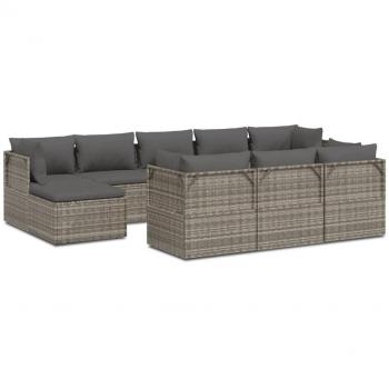 10-Piece Gray Poly Rattan Garden Lounge Set with Cushions