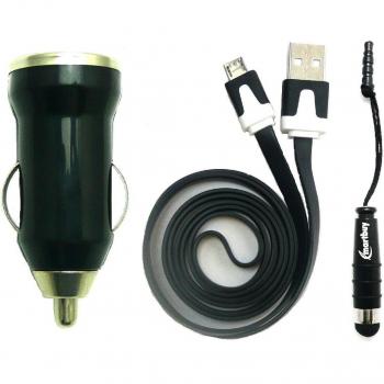 Emartbuy® Trio Paquete para Doogee F5 Smartphone - Negro Conector para Cargador de Coche USB 1 Amp + Negro Lápiz Óptico Metálico + Negro Cable Plano Antienredos para Transferencia de Datos y Cargador Micro USB Sync