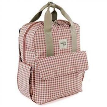 Walking Mum. Bolso Mochila I Love Vichy. Bolsa pañalera para silla de paseo. Diseño versátil con asas cortas y correas para llevar en los hombros. Color Rosa. Medidas 37X28X12 cm.