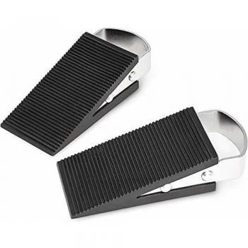 Set de 2 Topes para Puerta Antideslizantes de Goma y Acero Inoxidable, HxWxD: 3 x 5 x 12 cm, Negro/Plata - Relaxdays
