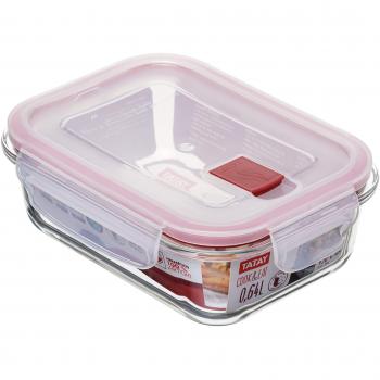 Tatay Fiambrebra de Alimentos, Vidrio, Hermética, 0.64L de Capacidad, Tapa de Clip, Libre de BPA, Apto Microondas, Horno, Congelador y Lavavajillas, Color Rojo. Medidas 13.7 x 17.9 x 6.3 cm