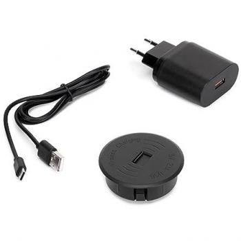 Cargador inalámbrico de superficie Airtop 2 con USB-A, Ø60mm, 5V DC / 2.1A (USB-10W/Qi-10W), Plástico Negro - Emuca