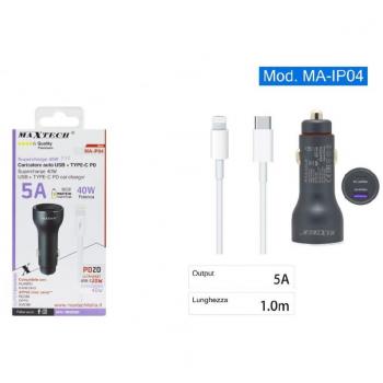 Kit Cargador de Coche USB/Type-C con Cable Lightning USB-C de 1 Metro Supercarga Ma-ip04