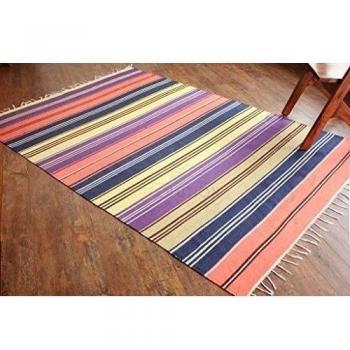 Alfombra de tejido reversible tejido 100% algodón orgánico con tintes vegetales. Estampado a rayas multicolor. Tapete. Medidas: 150x210cm