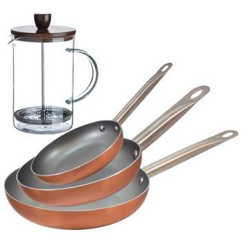 Set de 3 Sartenes San Ignacio (18, 22, 26 cm) de Aluminio Prensado Apta para Inducción + Delantal de Cocina Gris Oscuro 100% Algodón 75x80