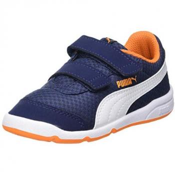 Zapatillas Deportivas Unisex PUMA Stepfleex 2 MESH VE V para Niños y Niñas, Color Azul Peacoat con Detalles en Blanco y Naranja Vibrante