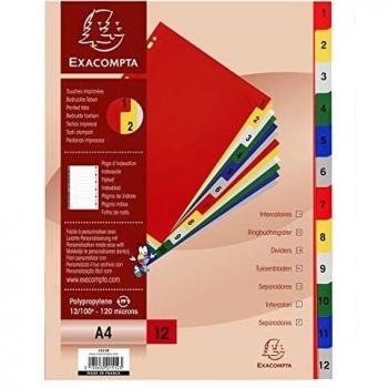 Separadores A4 de Polipropileno 12 posiciones 1-12 - Colores Brillantes - 120 Micrones