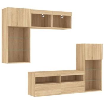 Mueble de TV Multimedia con Estante y LED - 5 Piezas - Madera de Ingeniería Roble Sonoma Marrón - Diseño Contemporáneo
