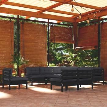 Sofás de jardín Set 10 piezas con cojines de pino negro sólido, madera maciza de pino, color negro