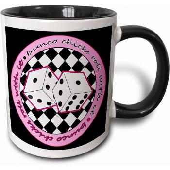 Mensuk Bunco Chicks Roll with It Pink and Black Two Tone Black Mug, 11 oz, Black/White