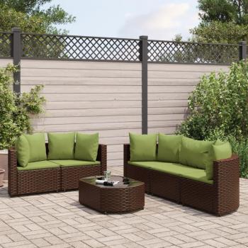 6-Piece Brown Poly Rattan Garden Sofa Set with Cushions