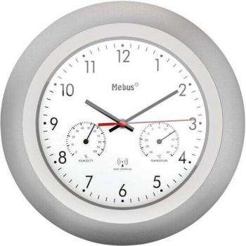 Reloj de Pared Mebus con Termómetro y Higrómetro - Marco Plateado - Esfera Blanca - 29cm de Diámetro