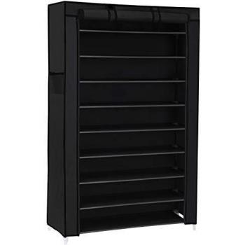 Organizador de zapatos multicolor de 10 niveles con tapa antipolvo, capacidad para 40 pares, dimensiones 88x28x160 cm, disponible en beige, gris, marrón y negro