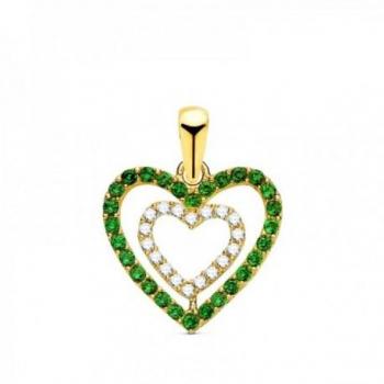 Colgante de Oro 18k con dos corazones y circonitas de colores