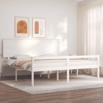 Cama de madera maciza para ancianos con cabecero blanco, estructura de matrimonio, Vidaxl