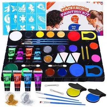 Luckyfine Kit de Pinturas Faciales y Corporales - 16 x Pinturas Corporales, 4 x Pinturas Fluroscentes UV Glow, 2 x Brillos, 2 x Tinte de Pelo - Seguro y No toxico para Niños y Embarazadas