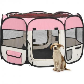 Parque de perros plegable y bolsa transporte rosa 110x110x58cm
