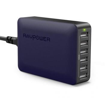 RAVPower Cargador USB 60W 12A 6-Puertos, Cargador de Red con Tecnología iSmart Compatible con iPhone, iPad, HTC, LG, Huawei y Más
