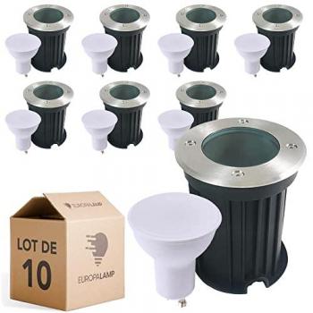 Lote de 10 focos empotrables redondos de acero inoxidable 316 para exterior IP65 + bombilla GU10 5W blanco frío 6000K