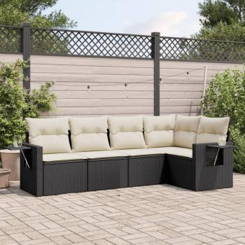 5-Piece Black Poly Rattan Garden Sofa Set with Cushions