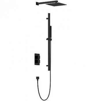 Conjunto de ducha empotrado con grifo mezclador termostático y soporte mural ajustable - Negro mate - TEREK