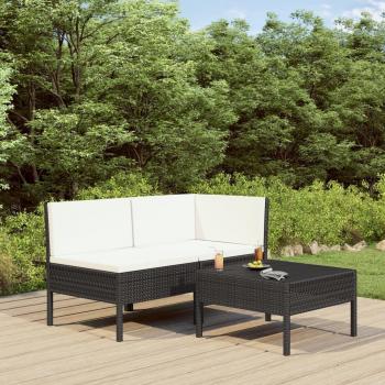3-Piece Black Poly Rattan Garden Lounge Set with Cushions