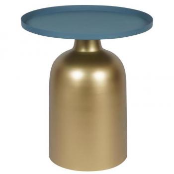 Mesa auxiliar redonda de metal dorado con tablero azul petróleo mate Ramses