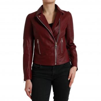 Dolce & Gabbana Burgundy Leather Biker Jacket with Zipper Closure - IT40|S, Female, Red, Size: XS