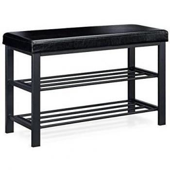 Relaxdays Banco Zapatero, Asiento, Recibidor, Entrada, 6-8 Pares, Metal-Cuero Sintético, 1 Ud, 49 x 81 x 32 cm, Negro