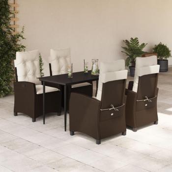5-Piece Brown Poly Rattan Garden Dining Set with Cushions